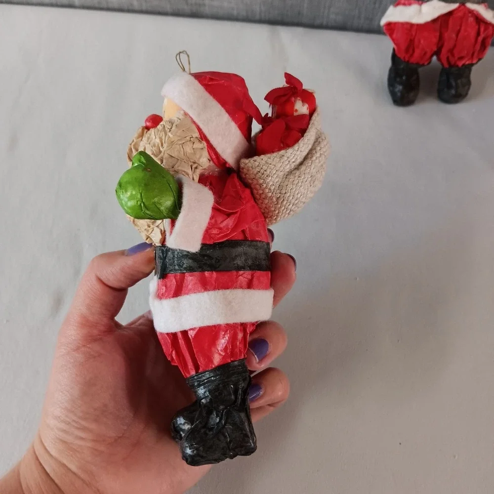 Vintage Paper Mache Christmas Ornaments Set‎ 4 Santa Elf Folk Art Figures Retro